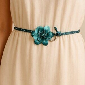 Cole Haan Leather Flower Belt Women’s Adjustable Thin Wrap Belt Black Made Italy